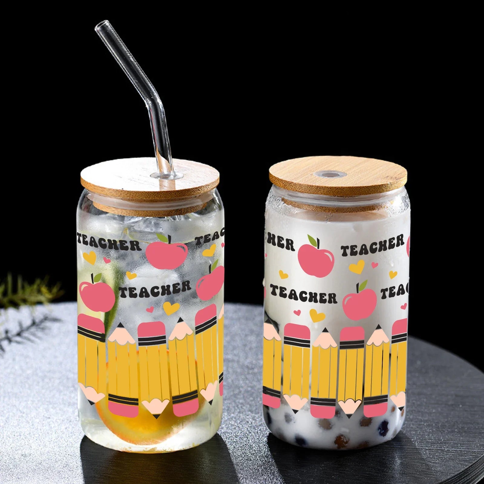 Cravinc 16oz Glass Can with Bamboo Lid & Straw: Teacher's Day Gift Summer Drinkware