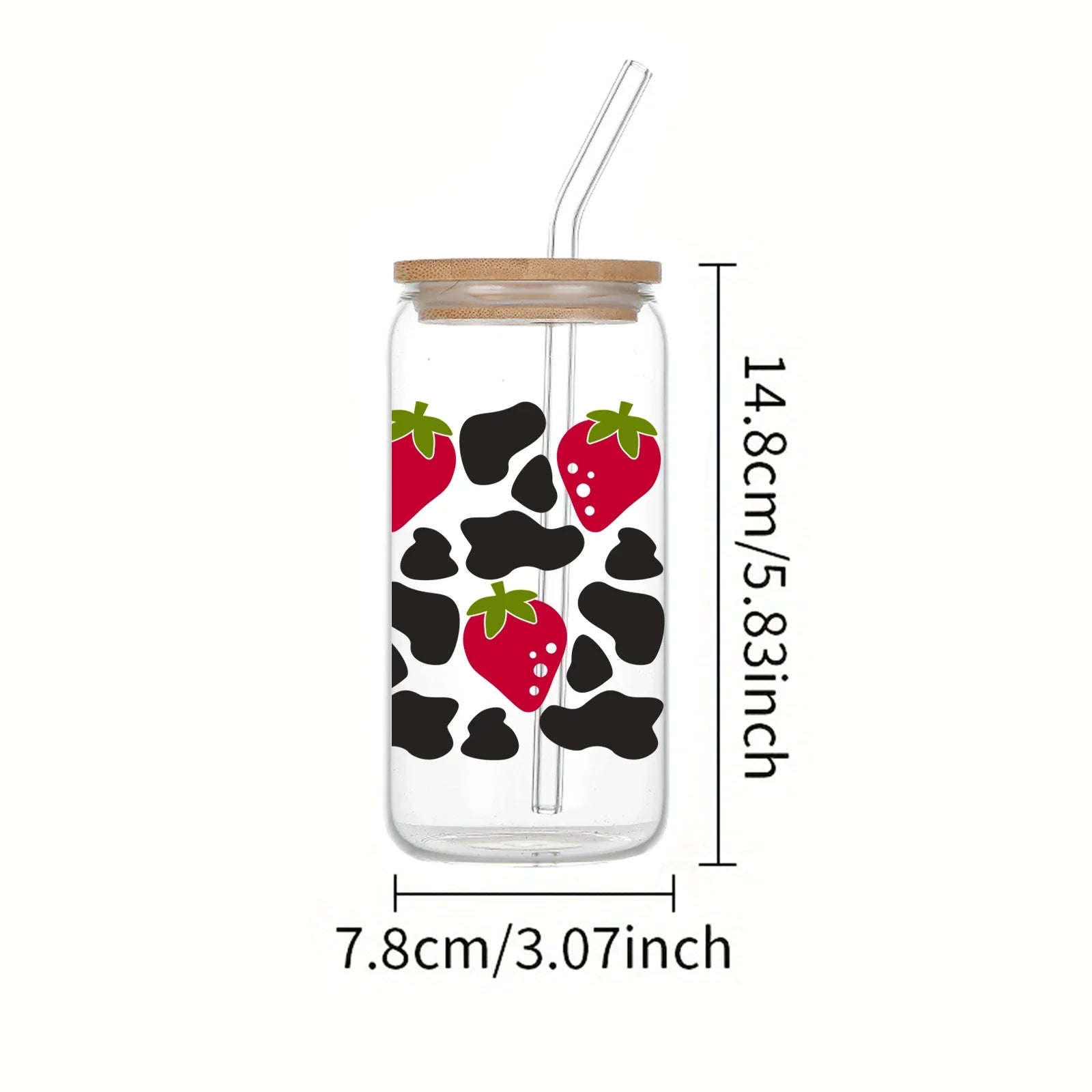 Cravinc 16oz Strawberry Cow Glass with Bamboo Lid and Straw - Drinkware for Hot/Cold Drinks