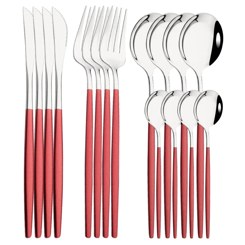 Cravinc 16-Piece Red Silver Stainless Steel Cutlery Set Fork Knife Spoon Dinnerware