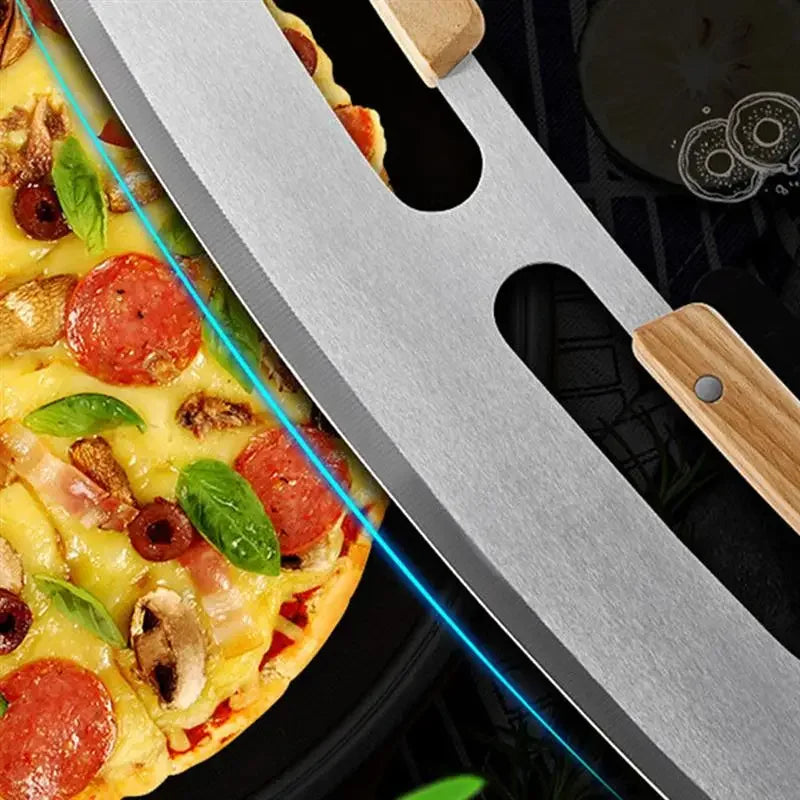 Cravinc 14" Stainless Steel Pizza Cutter Rocker with Wooden Handles and Blade Cover