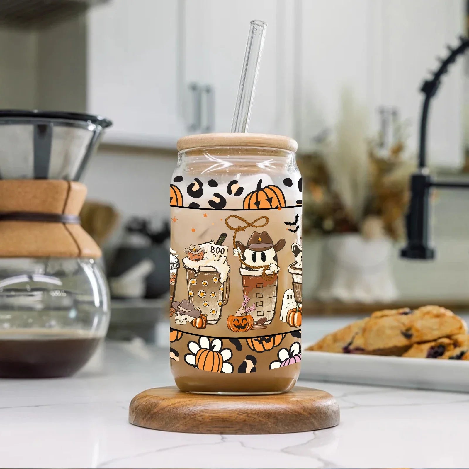 Cravinc 16oz Pumpkin Pattern Glass Coffee Tumbler with Lid & Straw