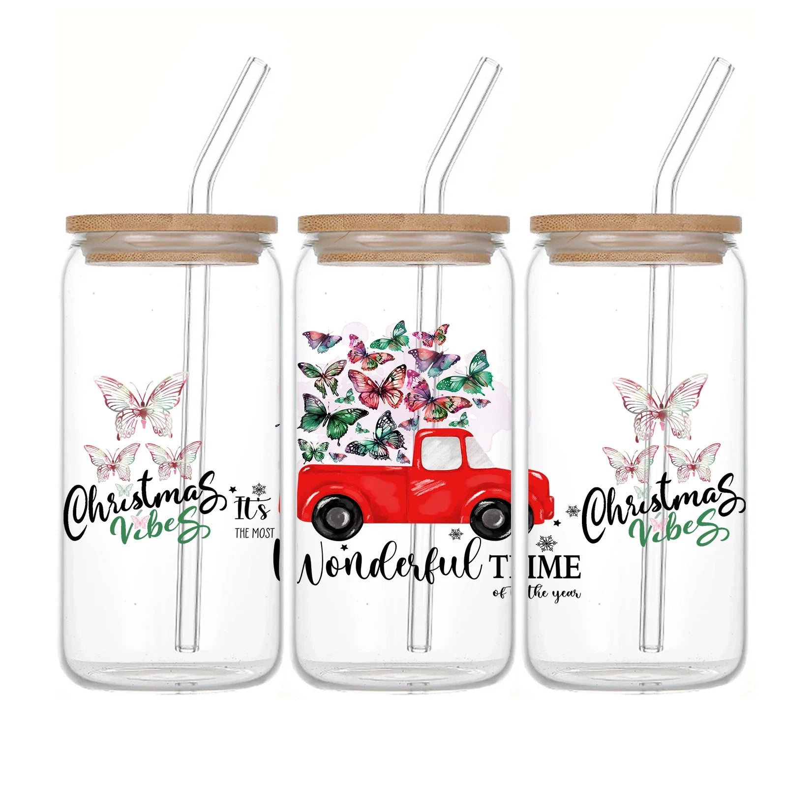 Cravinc 16oz Christmas Car Sublimation Glass Tumbler With Bamboo Lid & Straw