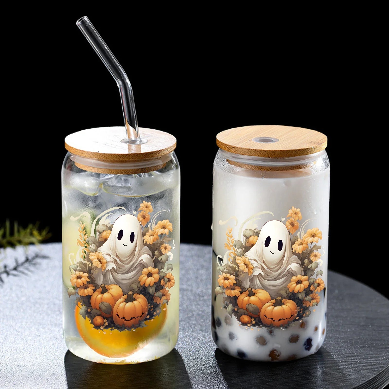 Cravinc 16oz Ghost In Flowers Glass Cup With Bamboo Lid & Straw