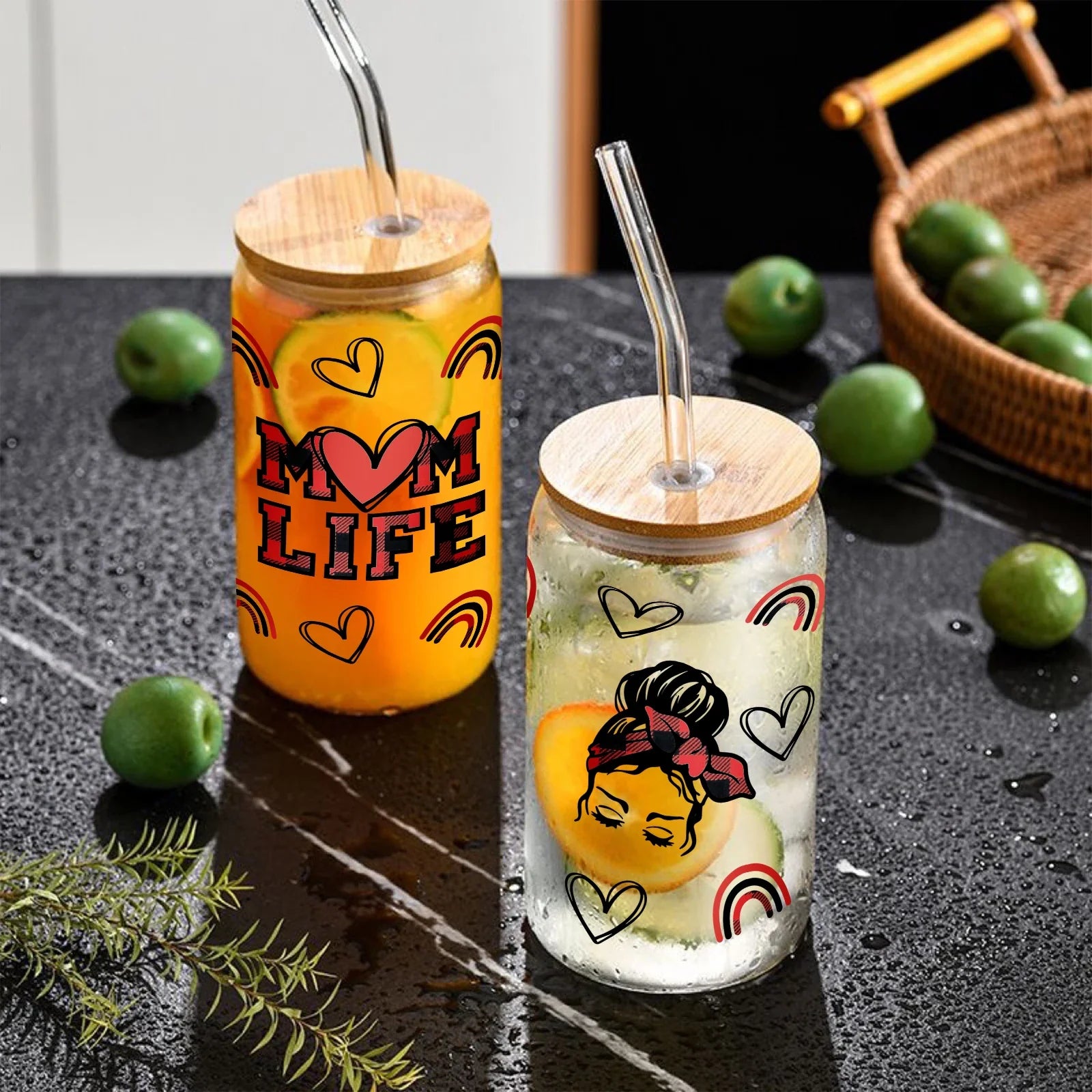 Cravinc 16oz Sublimation Glass Can with Bamboo Lid & Straw - Mother's Day Gift