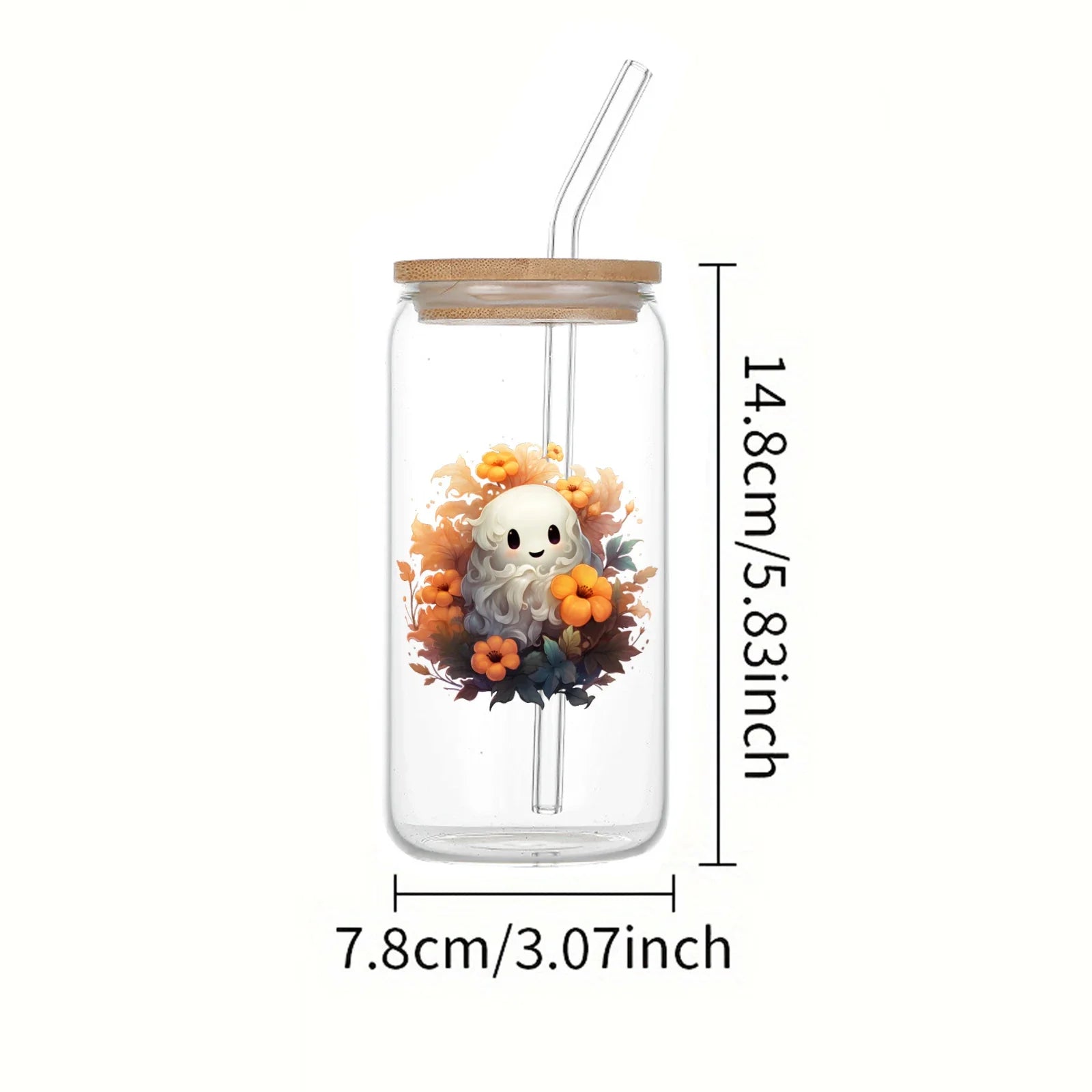 Cravinc 16oz Ghost In Flowers Glass Cup With Bamboo Lid & Straw