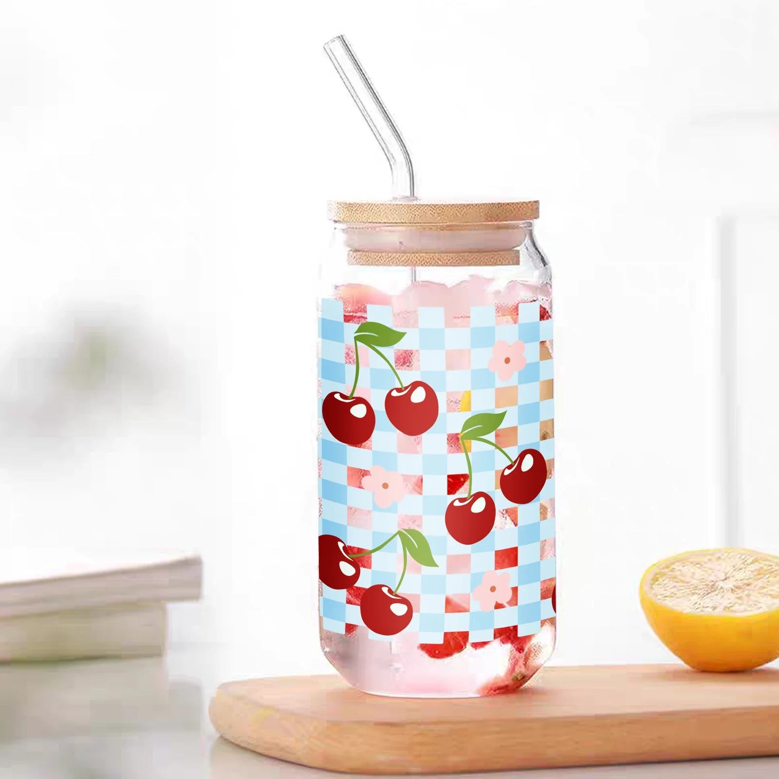 Cravinc 16oz Cherry Pattern Glass Can with Bamboo Lid & Straw