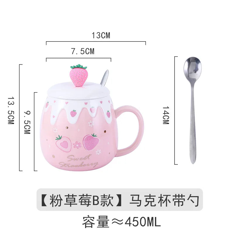 450ml Cravinc Strawberry Ceramic Cup with Lid & Spoon - Cute Gift, Easy to Clean