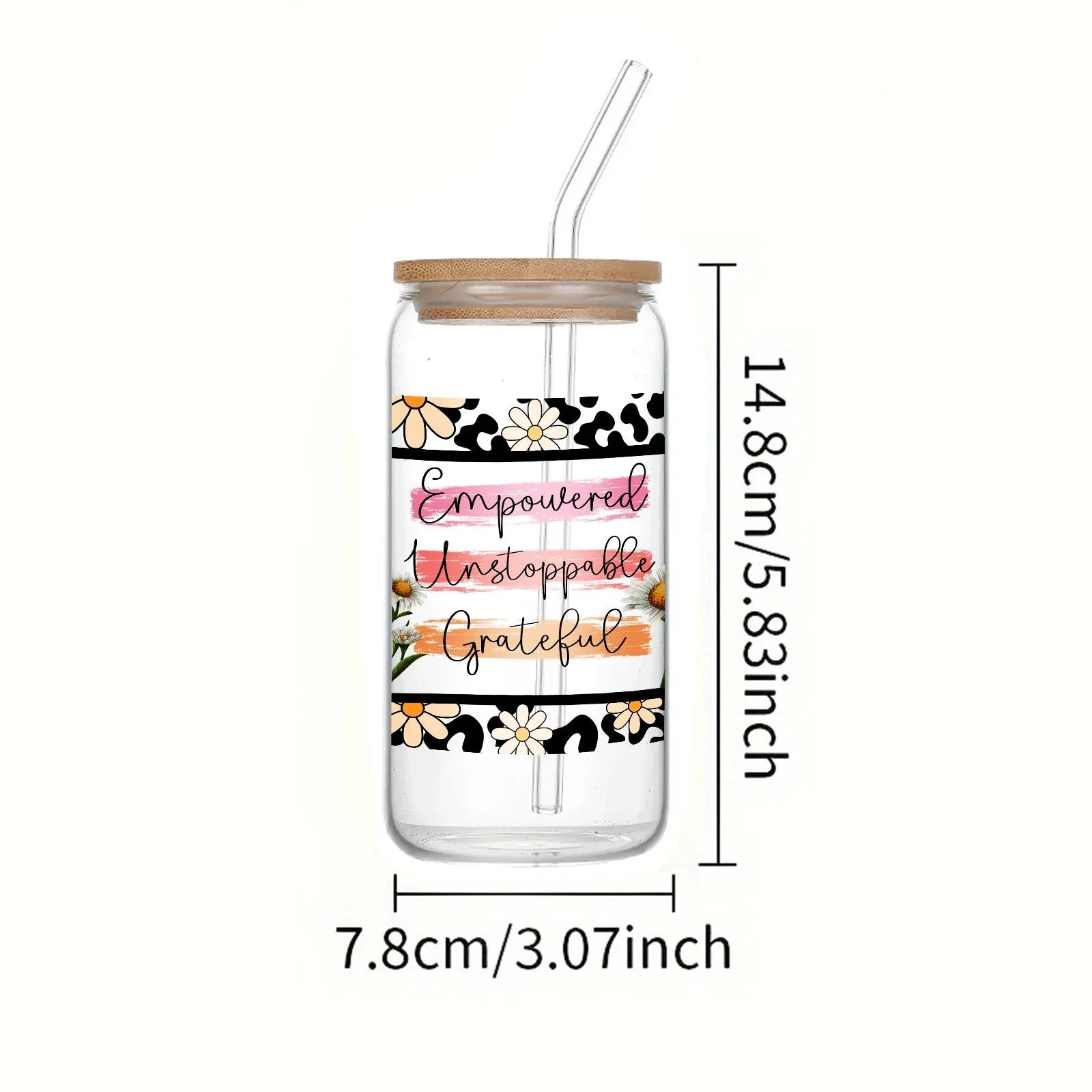 Cravinc 16oz Glass Water Bottle with Bamboo Lid & Straw, Leopard Print Flowers