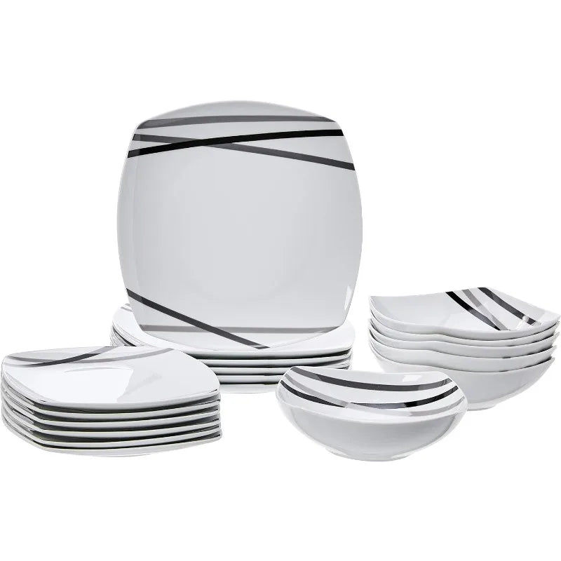 Cravinc 18-Piece Modern Beams Dinnerware Set - Service for 6 - Square Plates and Bowls