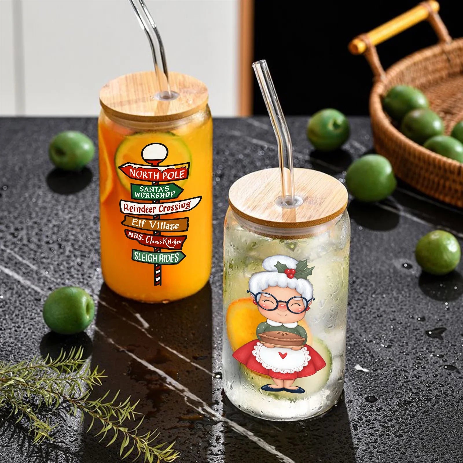 Cravinc 16oz Christmas Drinking Glass Can with Bamboo Lid and Straw