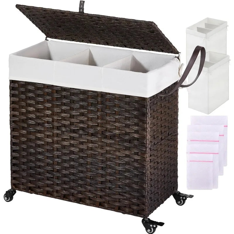 Cravinc 125L Large 3-Section Laundry Hamper with Wheels, Lid, and Removable Liner Bags