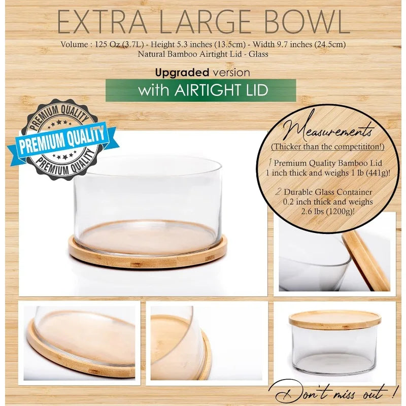 Cravinc 125oz Glass Salad Bowl with Bamboo Lid - XL Clear Mixing Dish