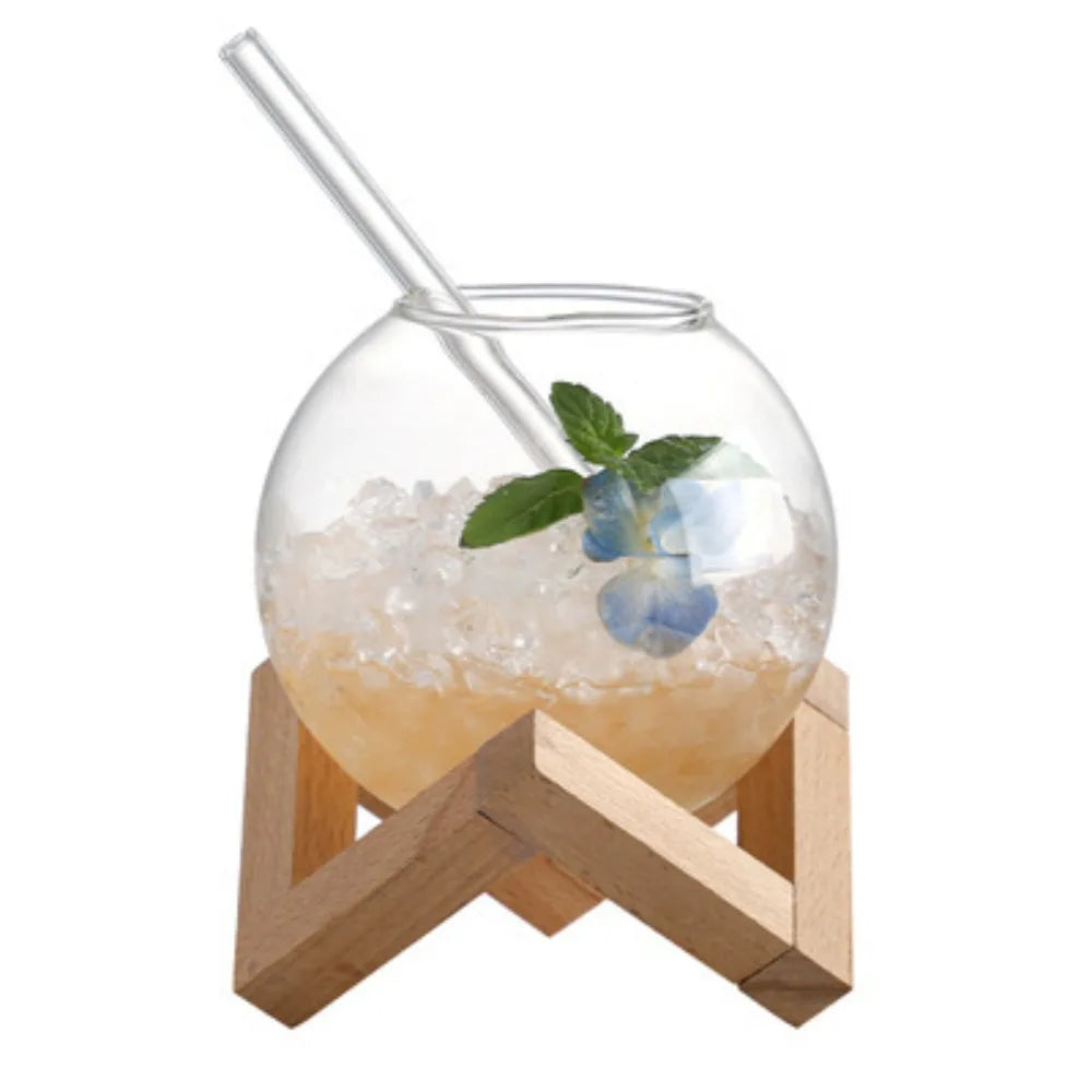 Cravinc 15.22oz Clear Moon Cocktail Glass with Wood Stand - Unique Shape Bar Glassware