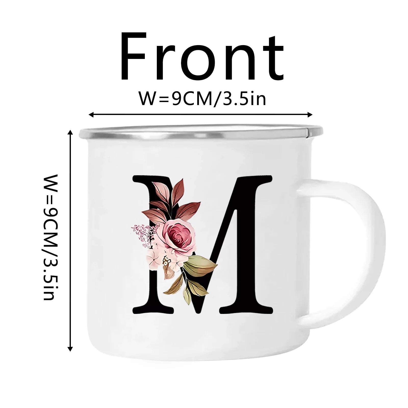 Cravinc 12oz Floral Letters Enamel Coffee Mug with Handle for Camping and Travel