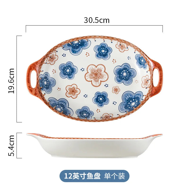 Cravinc 12-Inch Ceramic Double-Ear Fish Plate, Household Steamed Fish Dish, Large-capacity Tray