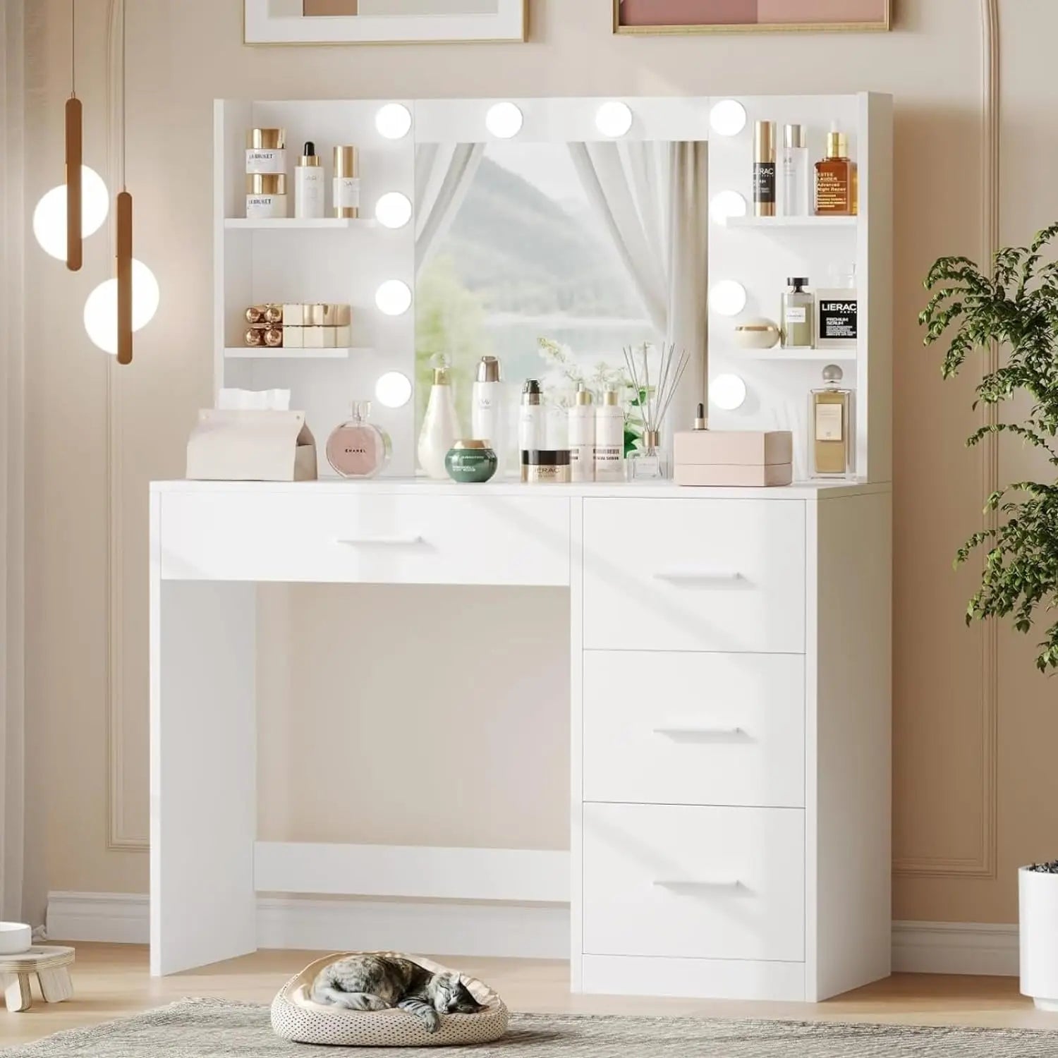 Cravinc  Vanity Desk with LED Lights, 4 Drawers & 6 Shelves