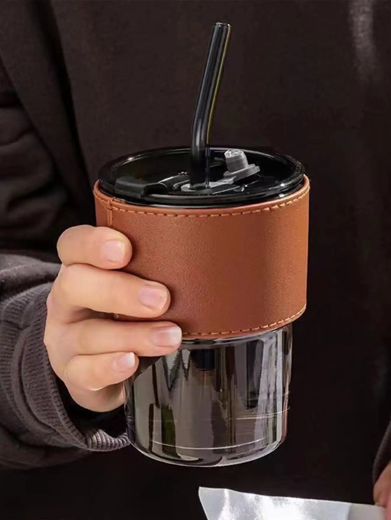 Cravinc 14 oz Glass Cups with Lids and Straws - Leather Sleeve for Iced Drinks