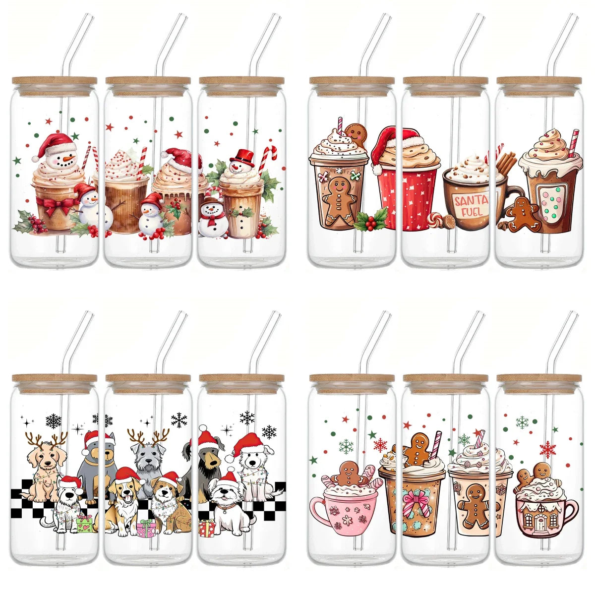 Cravinc 16oz Christmas Printed Glass Drinking Cup with Lid&Straw - Festive Gift