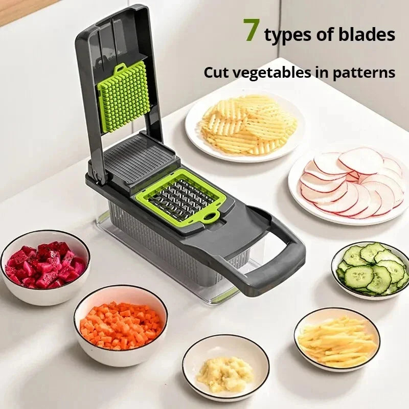 Cravinc 14-in-1 Vegetable Cutter Slicer with Basket – Green & Black