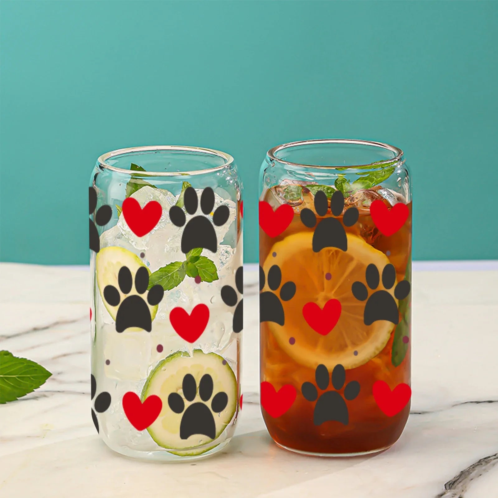 Cravinc 16oz Cute Cat Paw Glass Cup for Summer Drinks