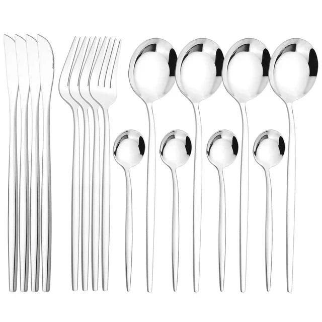 Cravinc 16Pc Black Cutlery Set Stainless Steel Mirror Dinnerware Kitchen Silverware