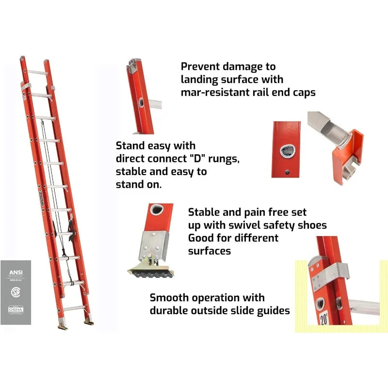 Cravinc 16ft Fiberglass Extension Ladder, 300lb Load Capacity, Type IA