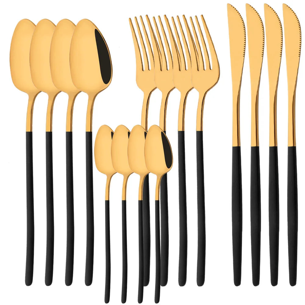 Cravinc 16-Piece Gold Stainless Steel Dinnerware Set with Steak Knife, Fork, and Spoon