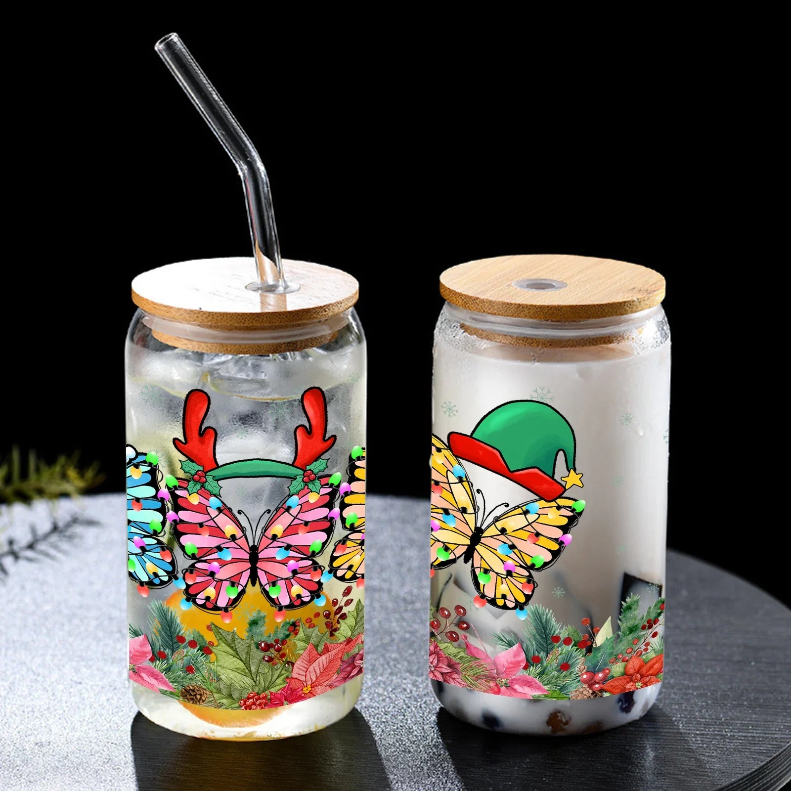 Cravinc 16oz Santa Elements Glass Can Wrap Cup Set With Bamboo Lid & Glass Straw