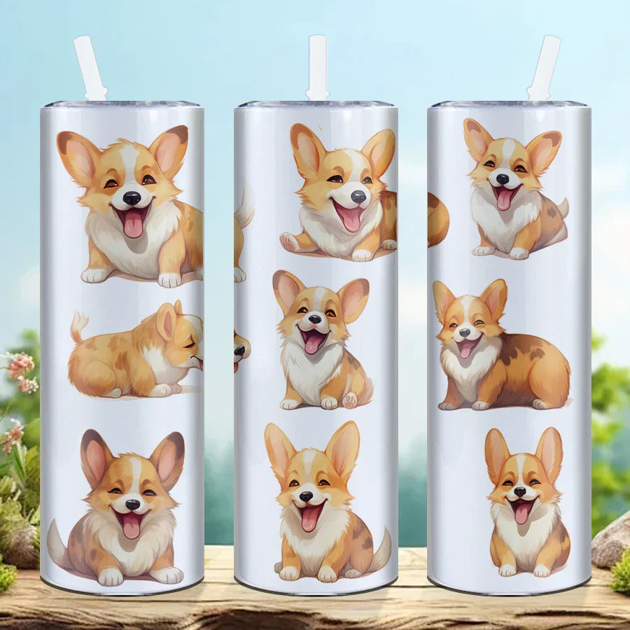 3D Corgi Puppy Stainless Steel Water Bottle with Lid and Straw by Cravinc – Cute and Durable!