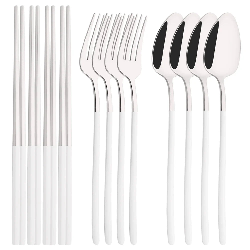 Cravinc 12Pc White Gold Stainless Steel Flatware Cutlery Set Sushi Sticks Dinnerware