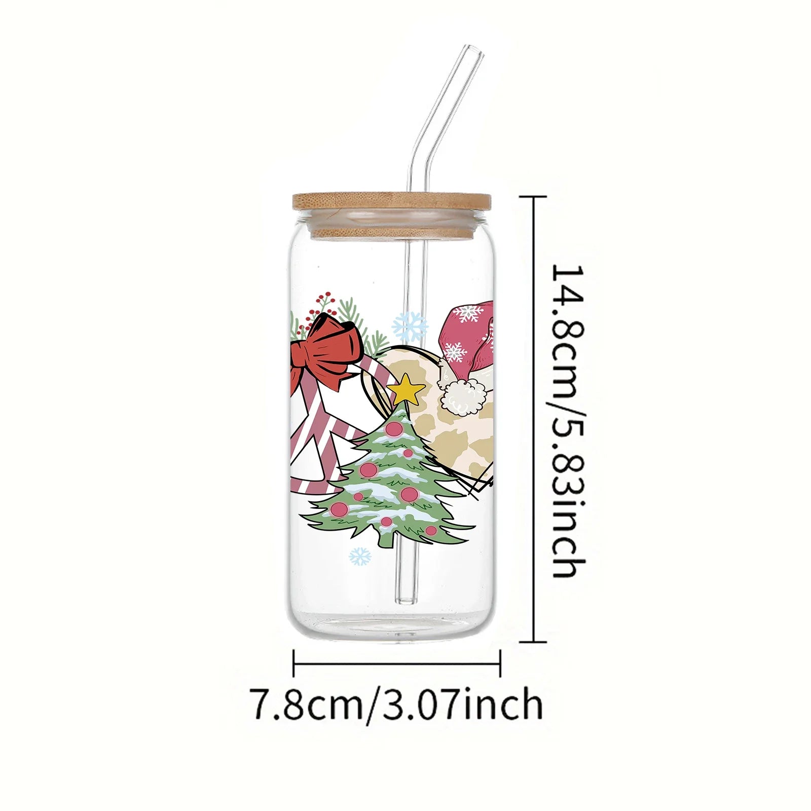 Cravinc 16oz Santa Elements Glass Can Wrap Cup Set With Bamboo Lid & Glass Straw