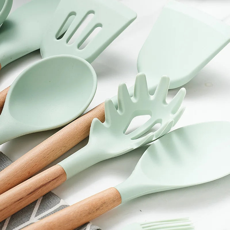 Cravinc 12-Piece Silicone Kitchen Utensils Set with Wooden Handles