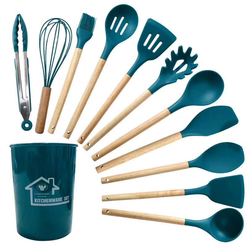 Cravinc 12-Piece Silicone Kitchen Utensils Set with Wooden Handles