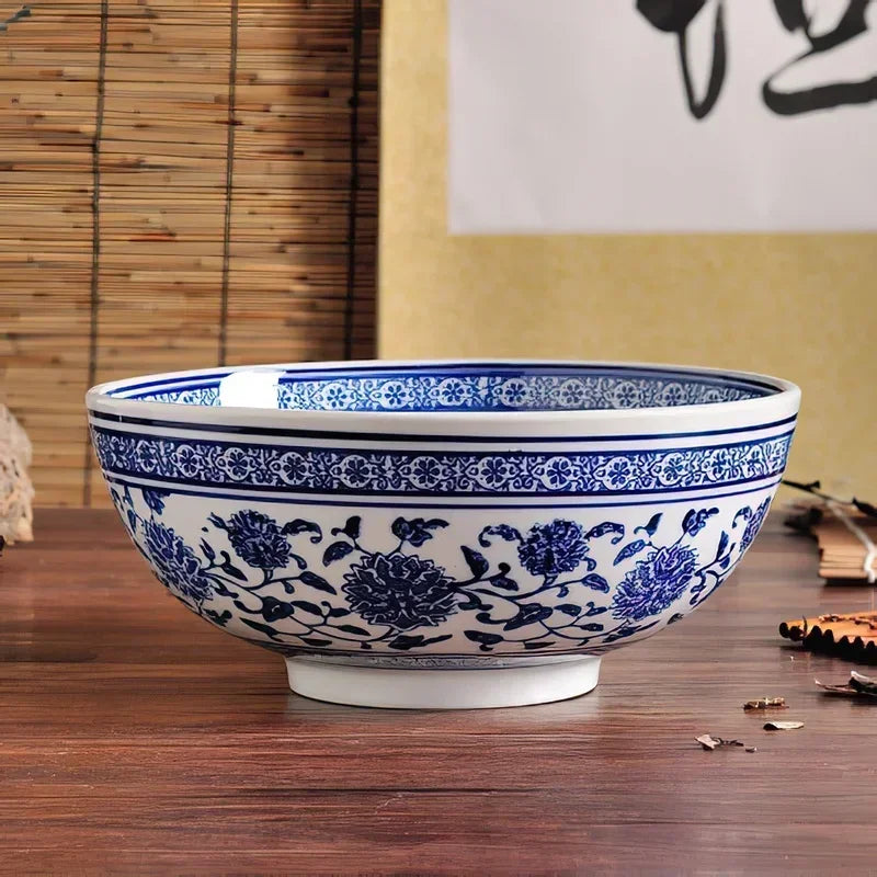 Cravinc 10-Inch Blue and White Porcelain Bowl, Japanese Bone Tableware