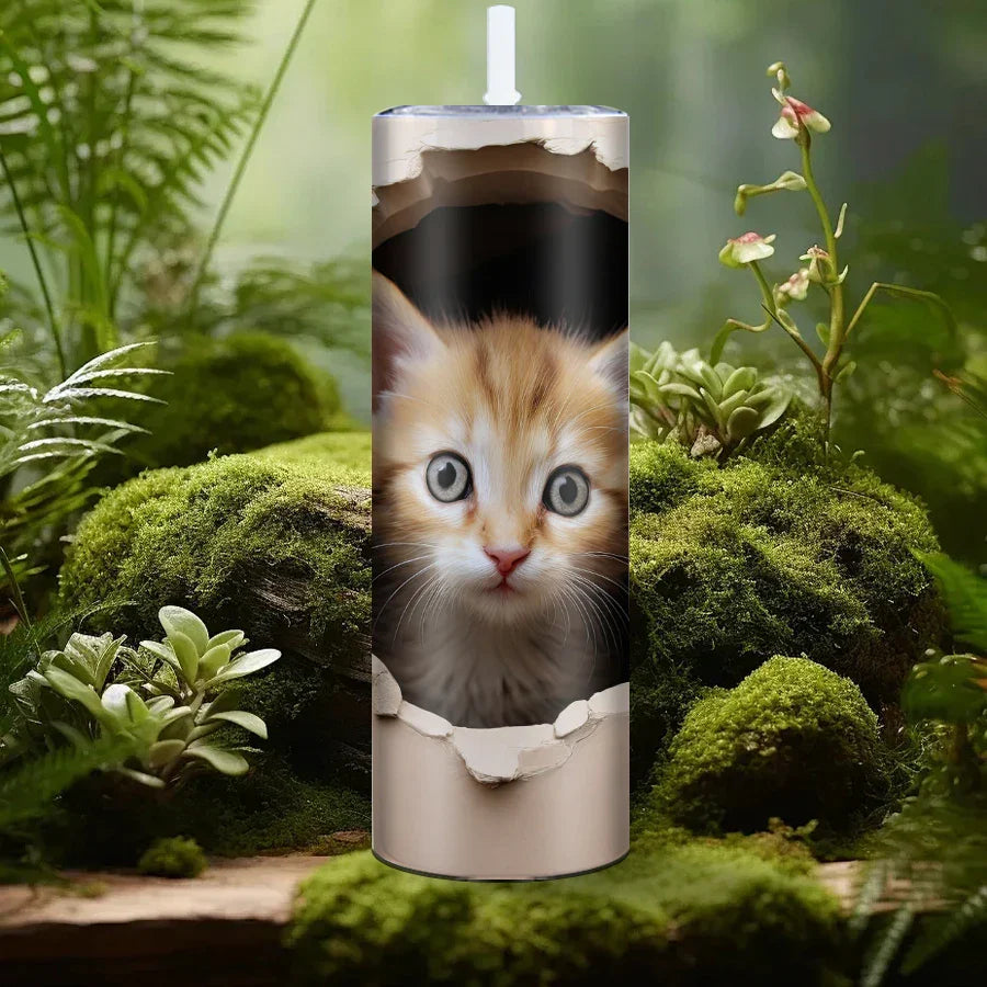 Cat Peeks Pattern Sublimation Steel Water Bottle with Lid & Straw by Cravinc