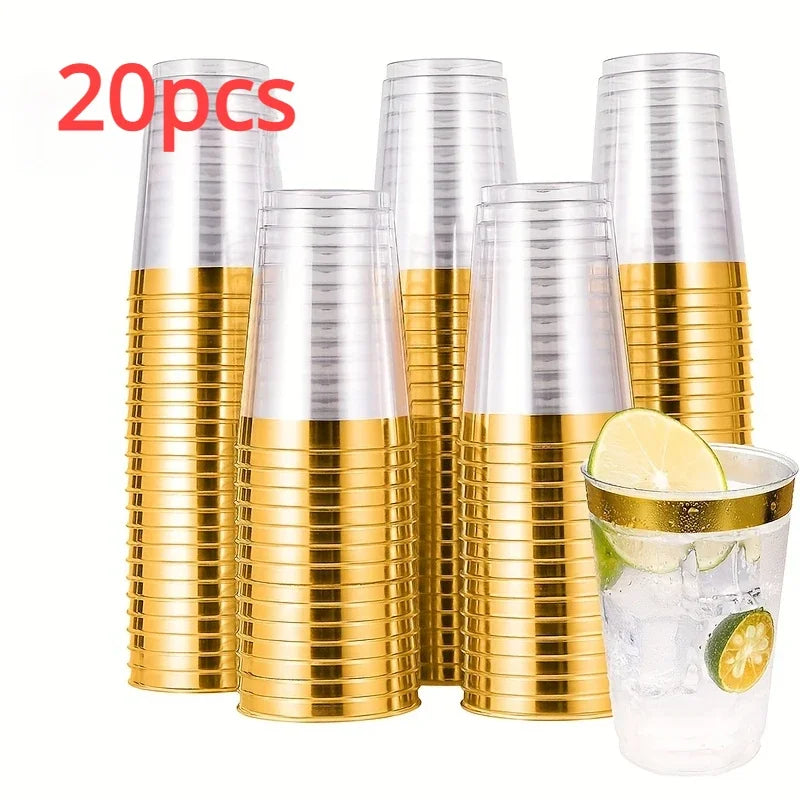 Clear Golden Rimmed Plastic Cups (10oz, 20pcs) by Cravinc: Elegant Disposable Tumblers for Events