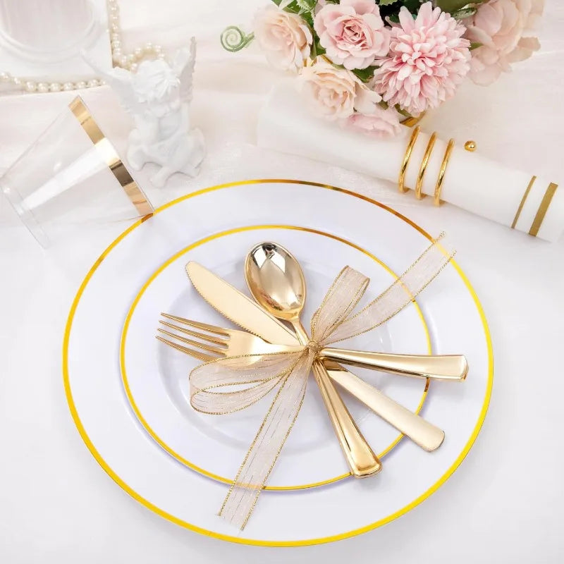 Clear & Gold Plastic Dinnerware Set for 50 Guests by Cravinc - Disposable Plates & Napkins