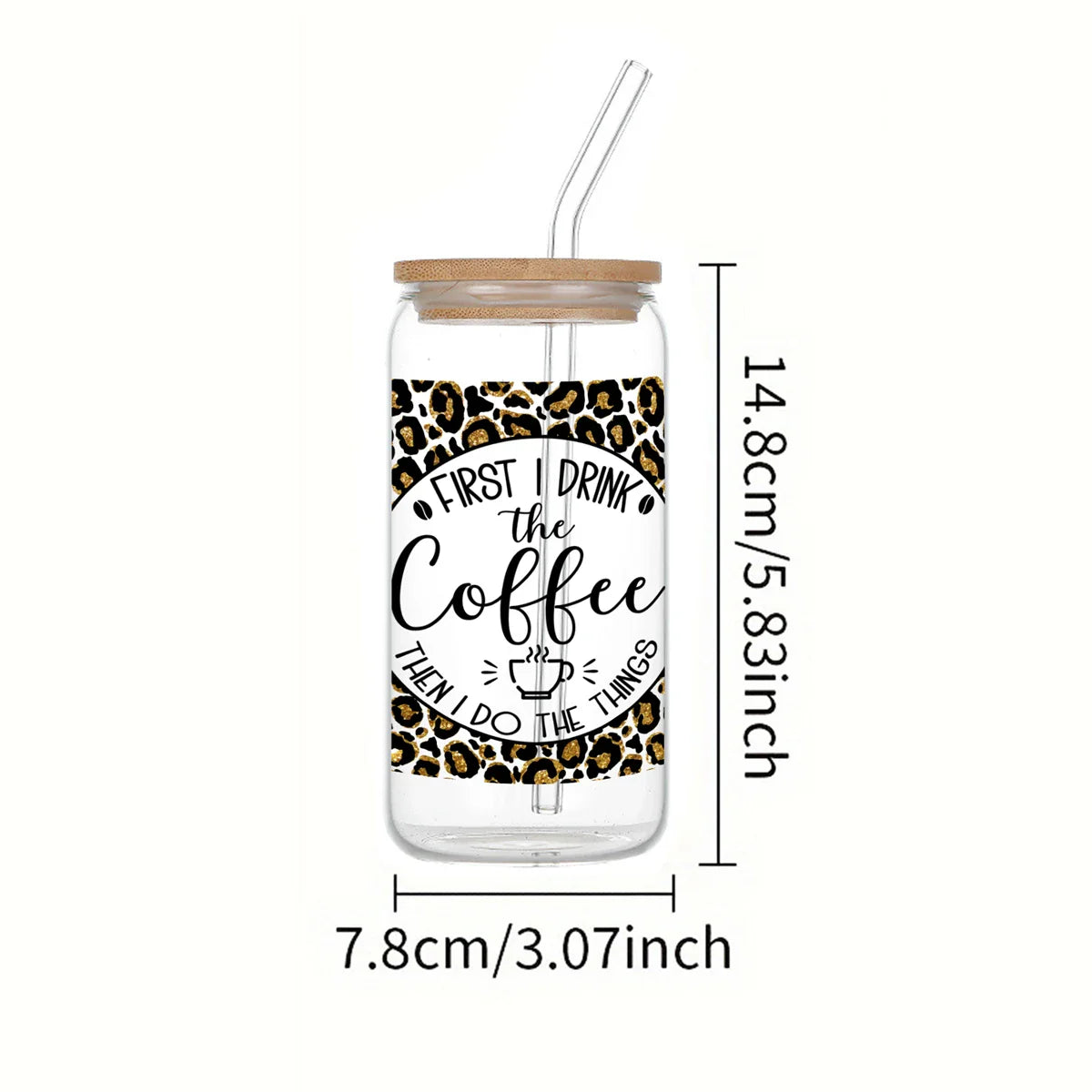 Cravinc 16oz Leopard Print Glass Bottle with Bamboo Lid & Straw - Summer Drinkware