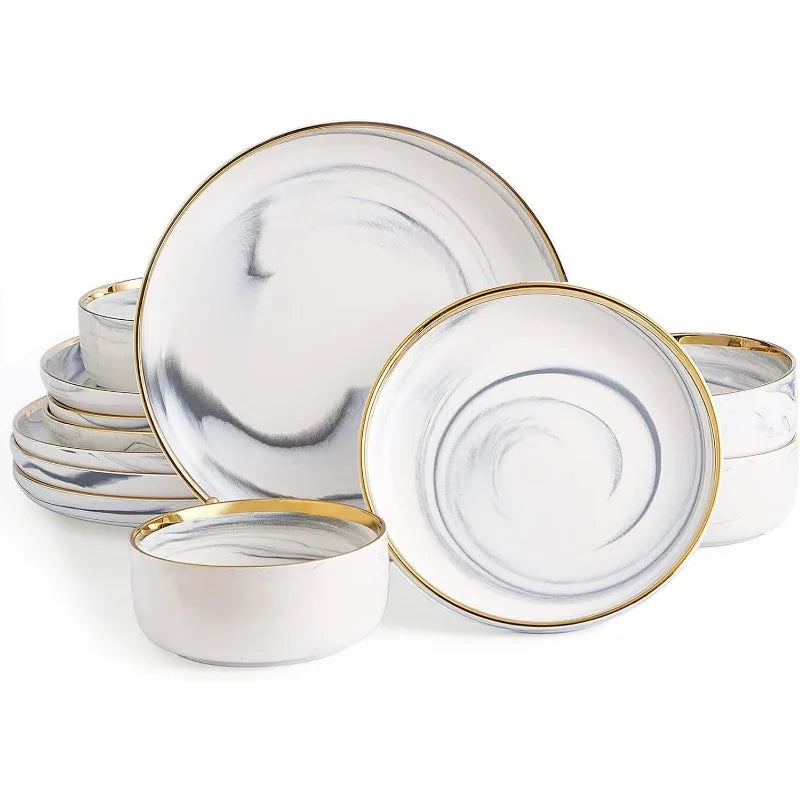 Cravinc 12-Piece Gold Splash Marble Porcelain Dinnerware Set for 4