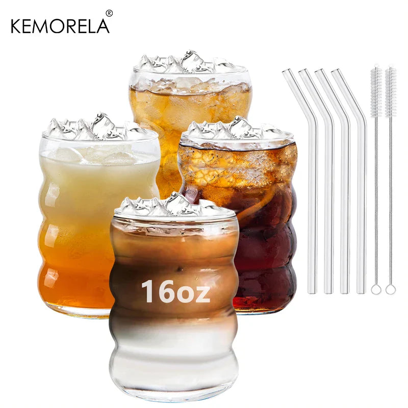 Cravinc 16oz Glass Tumbler Set with Glass Straw: 4-Piece Iced Coffee Cup Collection