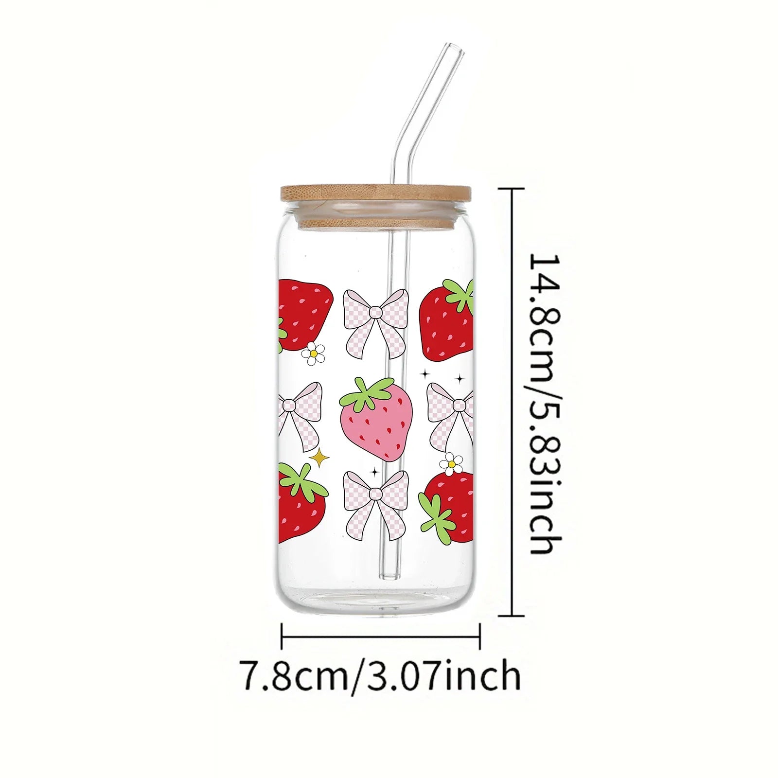 Cravinc 16oz Strawberry Bow Glass Tumbler With Bamboo Lid & Straw