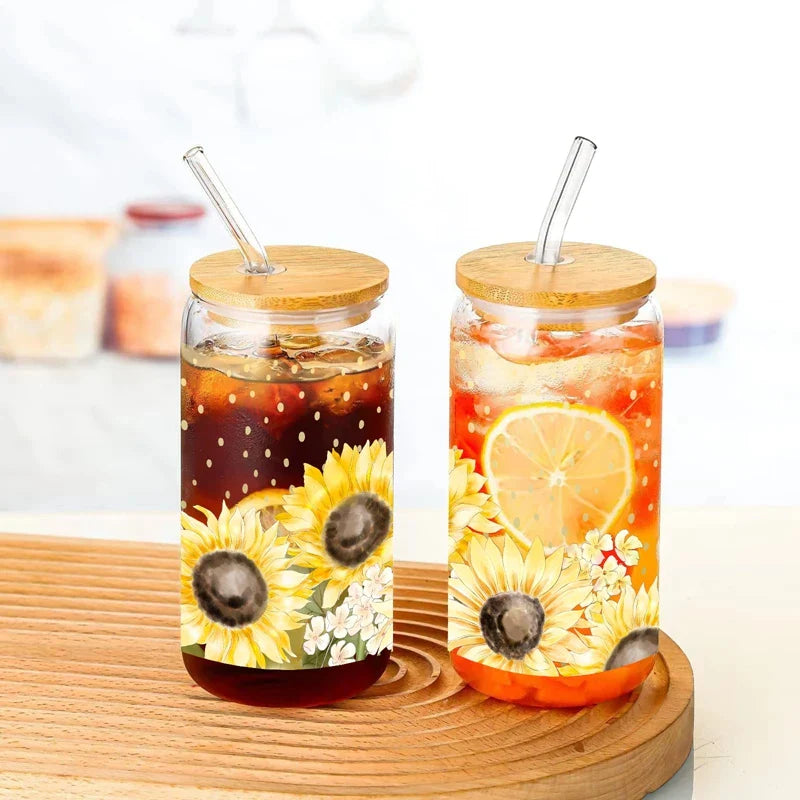 Cravinc 16oz Sunflower Glass Mason Jar with Bamboo Lid & Straw