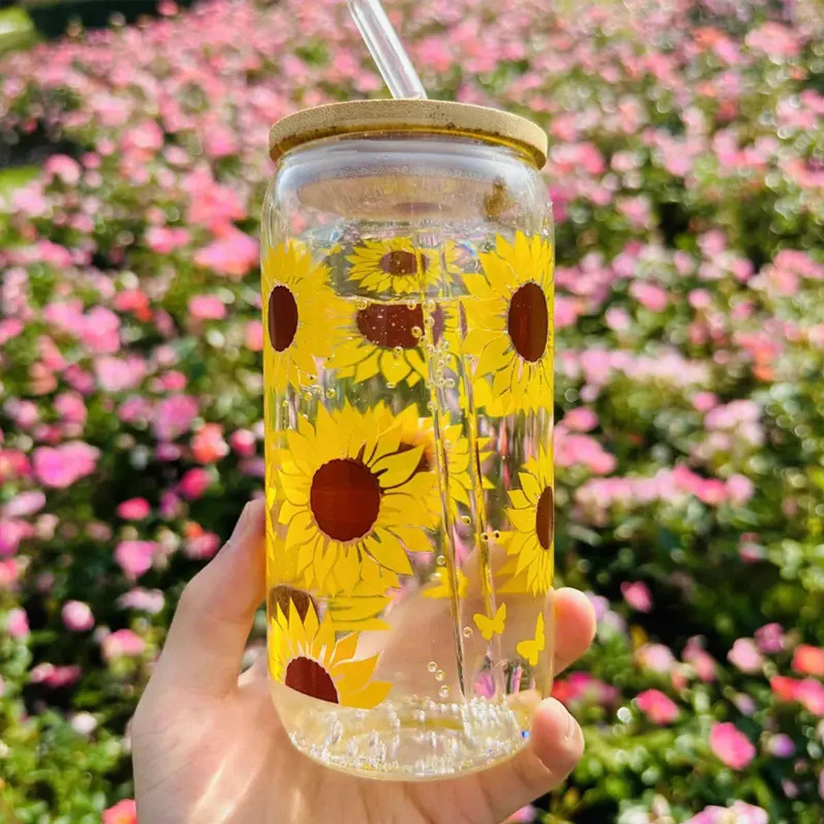 Cravinc 16oz Sunflower Butterfly Glass Tumbler: Summer Gift for Juice, Tea, or Water