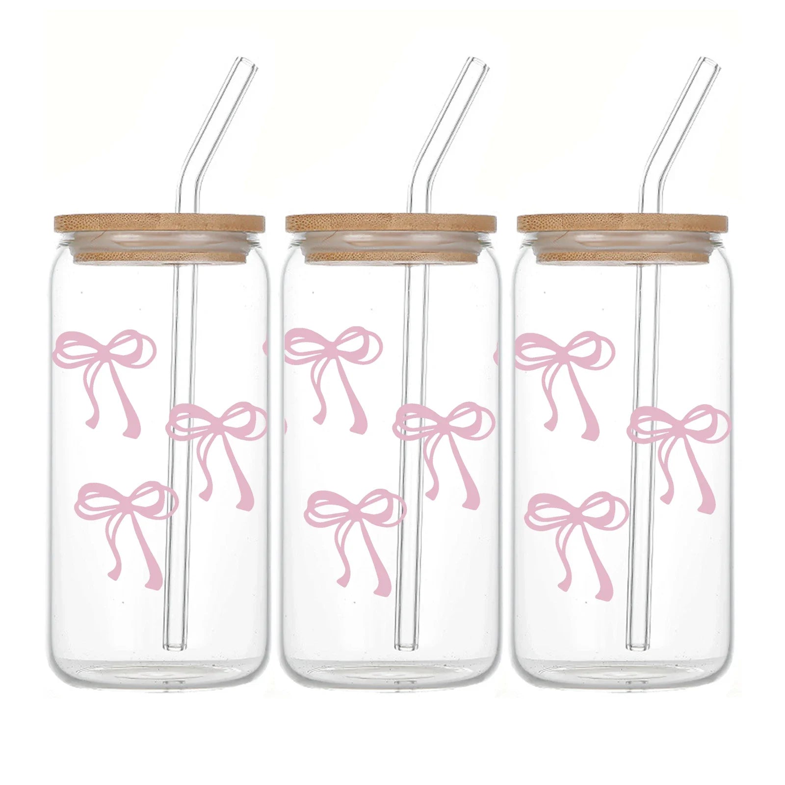 Cravinc 16oz Pink Bow Glass Bottle with Bamboo Lid & Straw