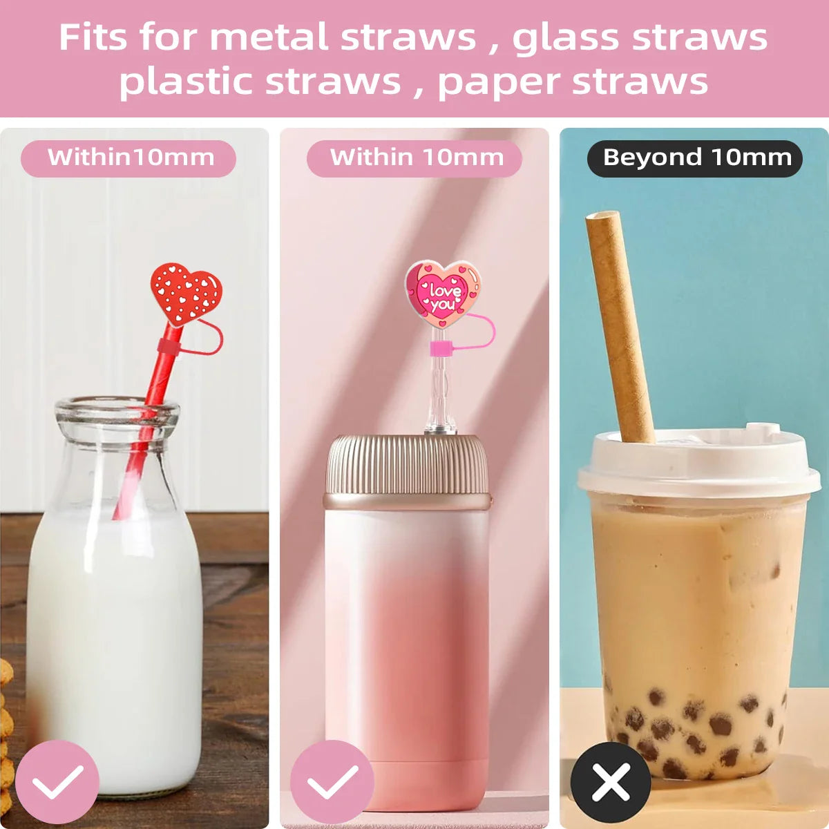 Cravinc 10pcs Valentine's Silicone Straw Cover Set for 10mm Straws