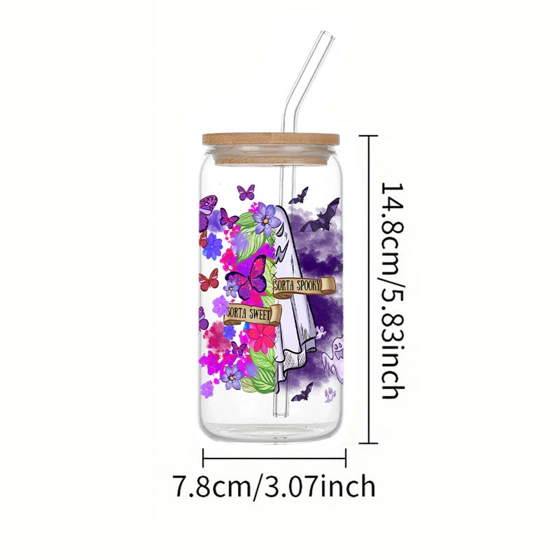 Cravinc 16oz Purple Butterfly Bat Glass Water Bottle with Bamboo Lid & Straw