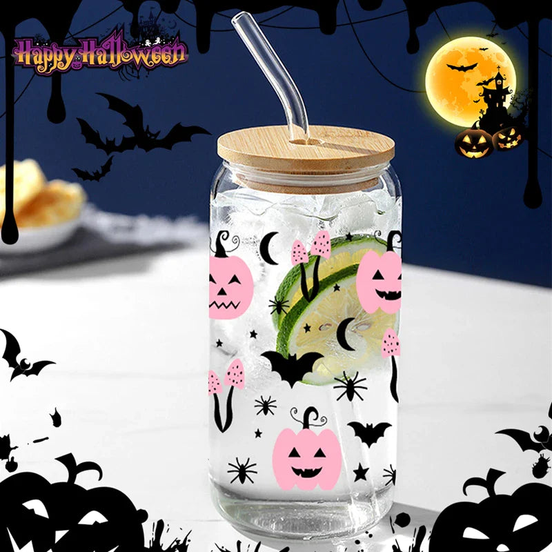 Cravinc 16oz Pink Pumpkin Glass Cup with Bamboo Lid & Straw - Heat-Resistant Juice Coffee Glass Can