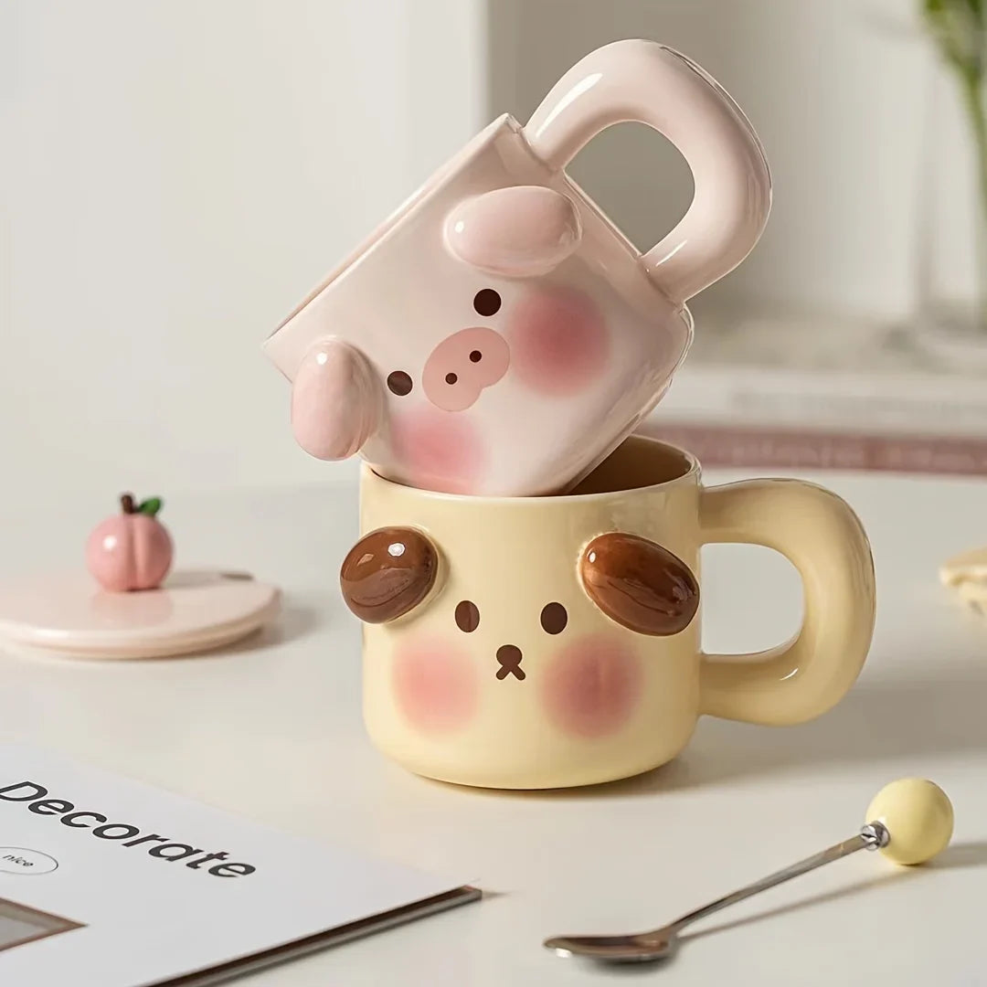 400ml Cravinc Pig Coffee Mug with Lid, Spoon | Cute Creative Breakfast Cup Gift for Home Office