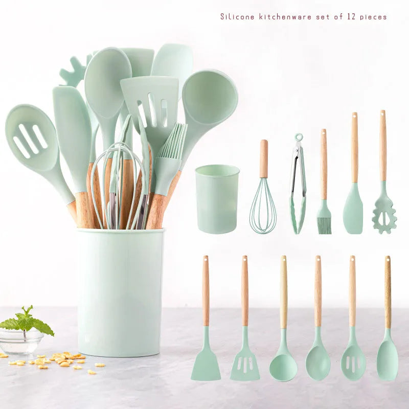 Cravinc 12-Piece Silicone Kitchen Utensils Set with Wooden Handles