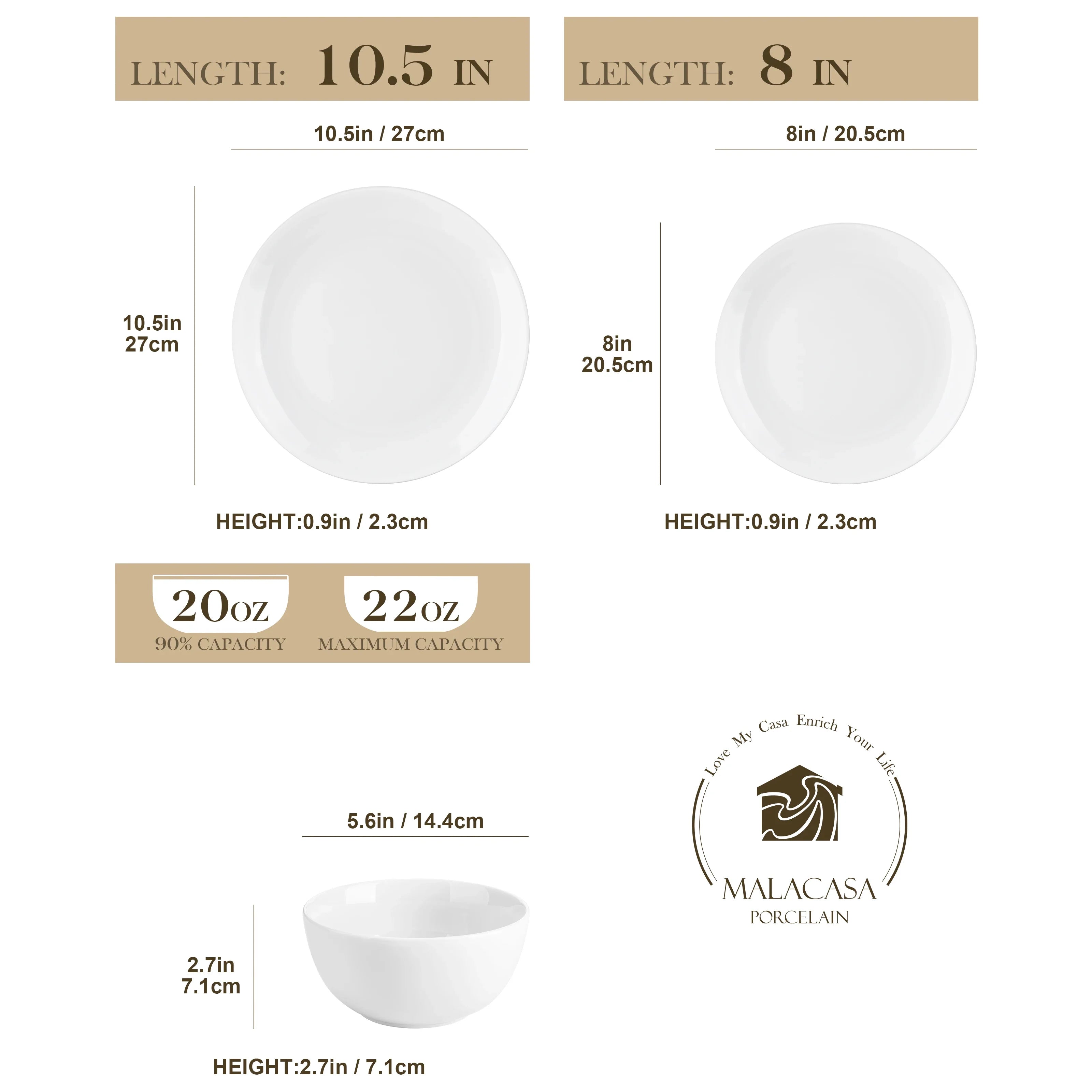 Cravinc 12/24 Piece Porcelain Dinnerware Set for 4/8 with Plates and Bowls